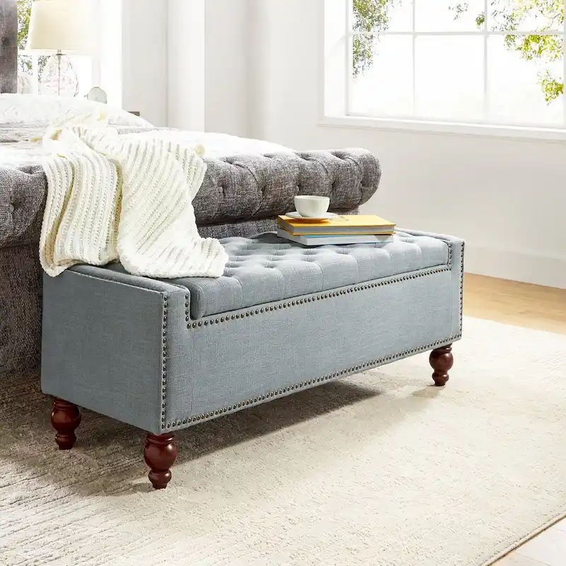 Classic Button-Tufted Flip-Top Storage Bench with Copper Nailhead Trims
