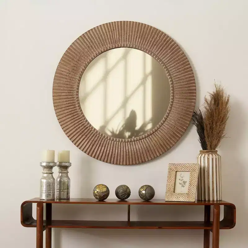 GDFStudio Darwin Rustic Farmhouse Style 36 Handcarved Wood Round Decorative Hanging Wall Mirror
