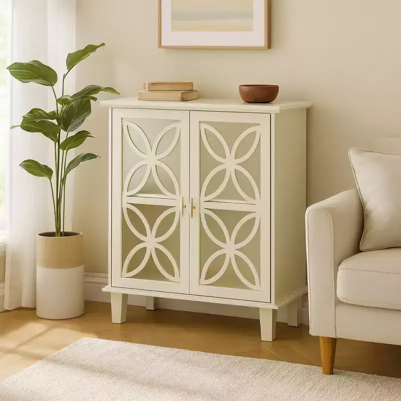 Storage Cabinet with Decorative Glass Doors and Adjustable Shelf, Cream
