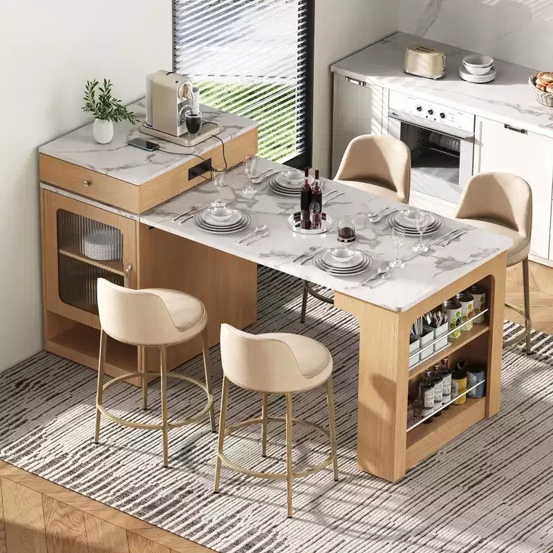 PexFix 59.5 Kitchen Island with Extendable Dining Table Kitchen Storage Table with Double-sided Storage with Power Outlet&Side Open Shelves Natural