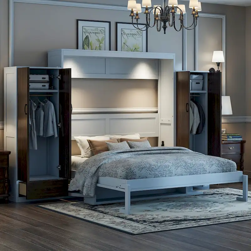Murphy Bed Wall Bed with Wardrobe, Drawers, LED Light and Desk