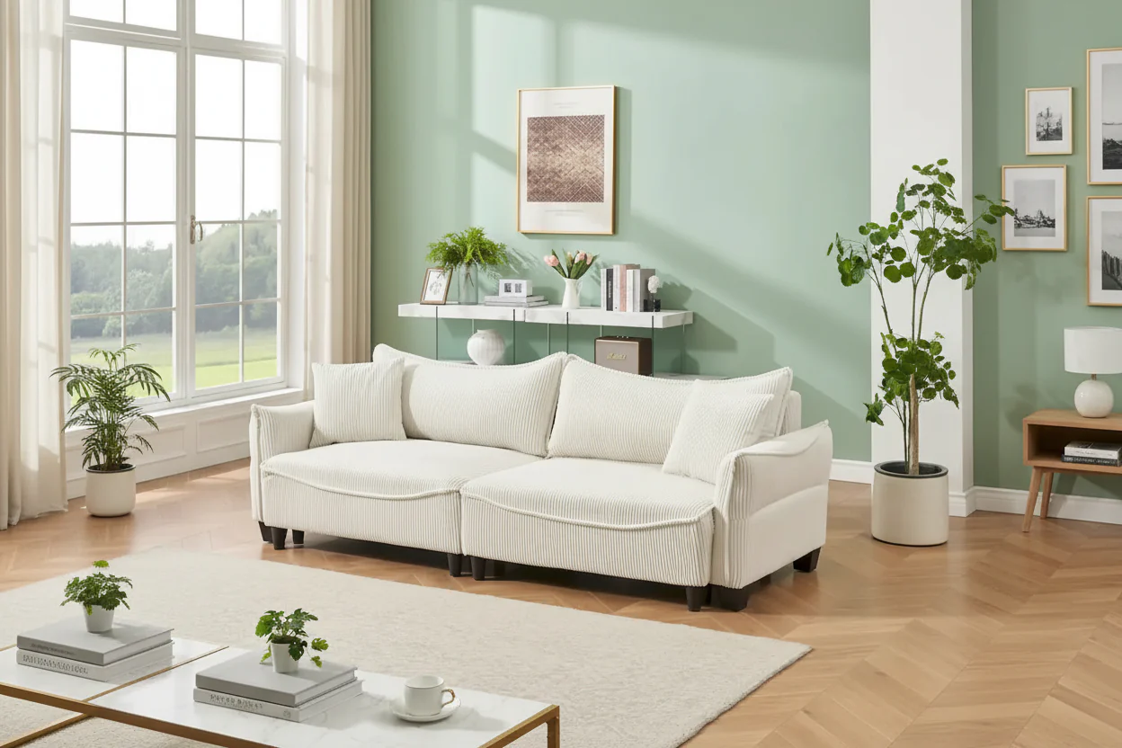 White / Grey / Green Corduroy 2-Seat Sofa Bed with 2 Pillows