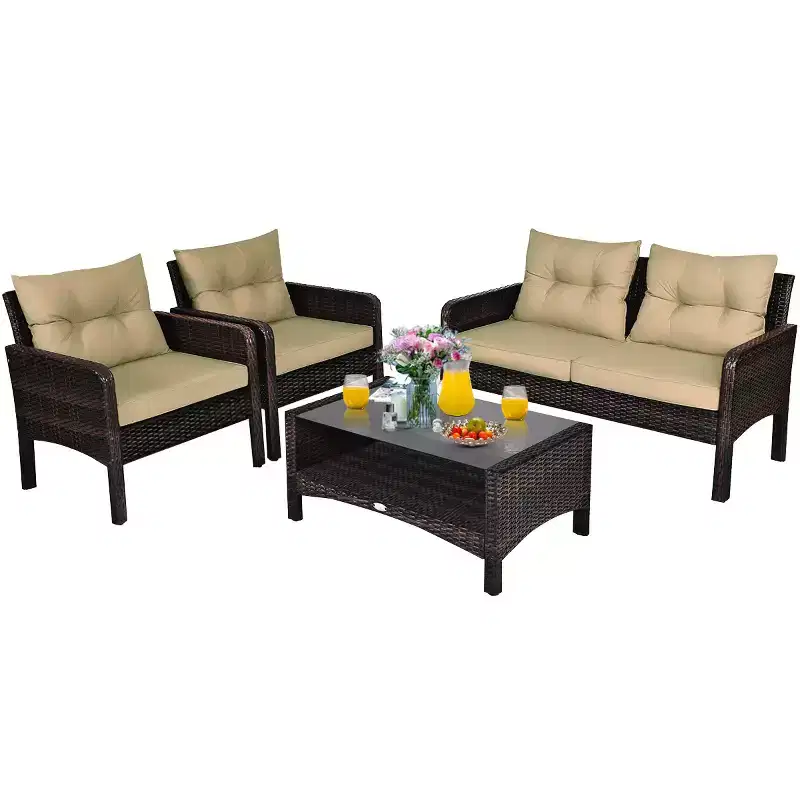 Costway 4PCS Patio Rattan Furniture Set Loveseat Sofa Coffee Table Sofa w/Cushion Garden