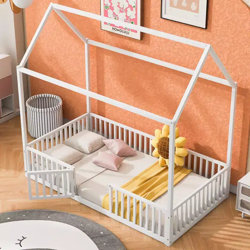 Full/Twin Size Platform Bed, House-Shaped Metal Bed Frame with Fence and Door -ModernLuxe