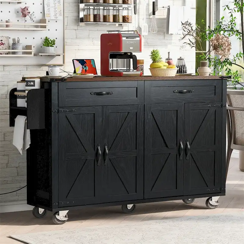 Kitchen Island Cart with Power Outlet, Drop Leaf, Spice Rack and Drawers