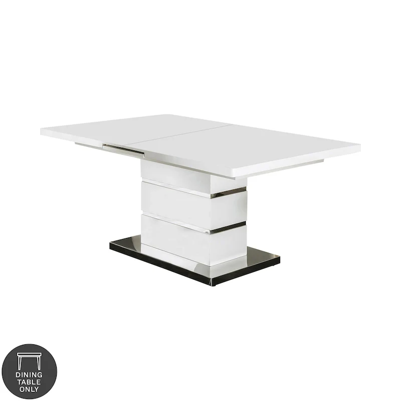 White Expandable Rectangular Dining Table with Chrome Pedestal Base, Seats 6–8