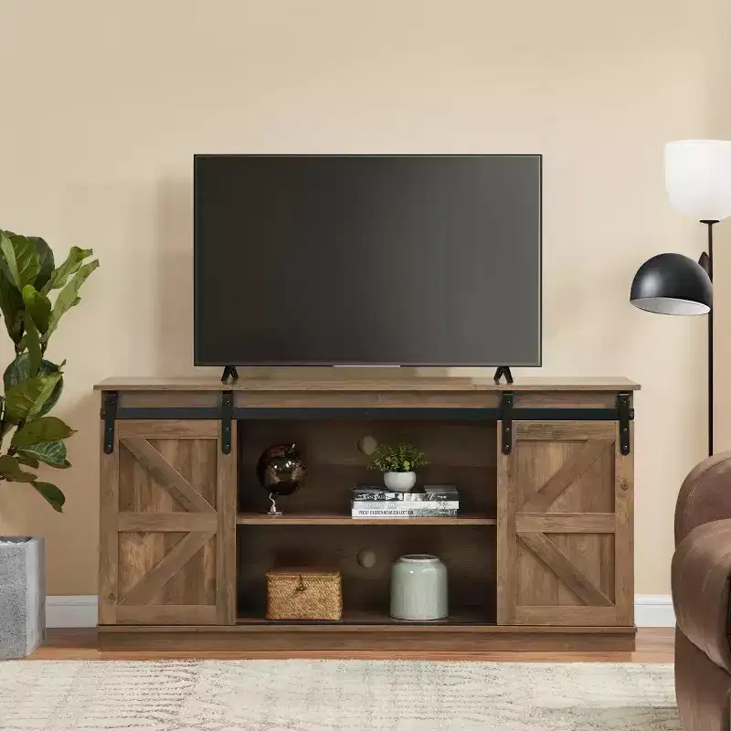 58 Farmhouse TV Stand and Entertainment Center for Televisions up to 65 Inchs,with Sliding Barn Doors and Storage Cabinets