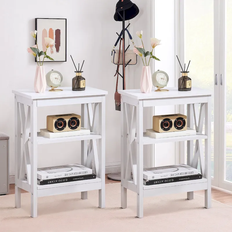 Set of 2 Nightstands, Multi-Color, X-Frame 3-Tier Open Shelf Bedside Table