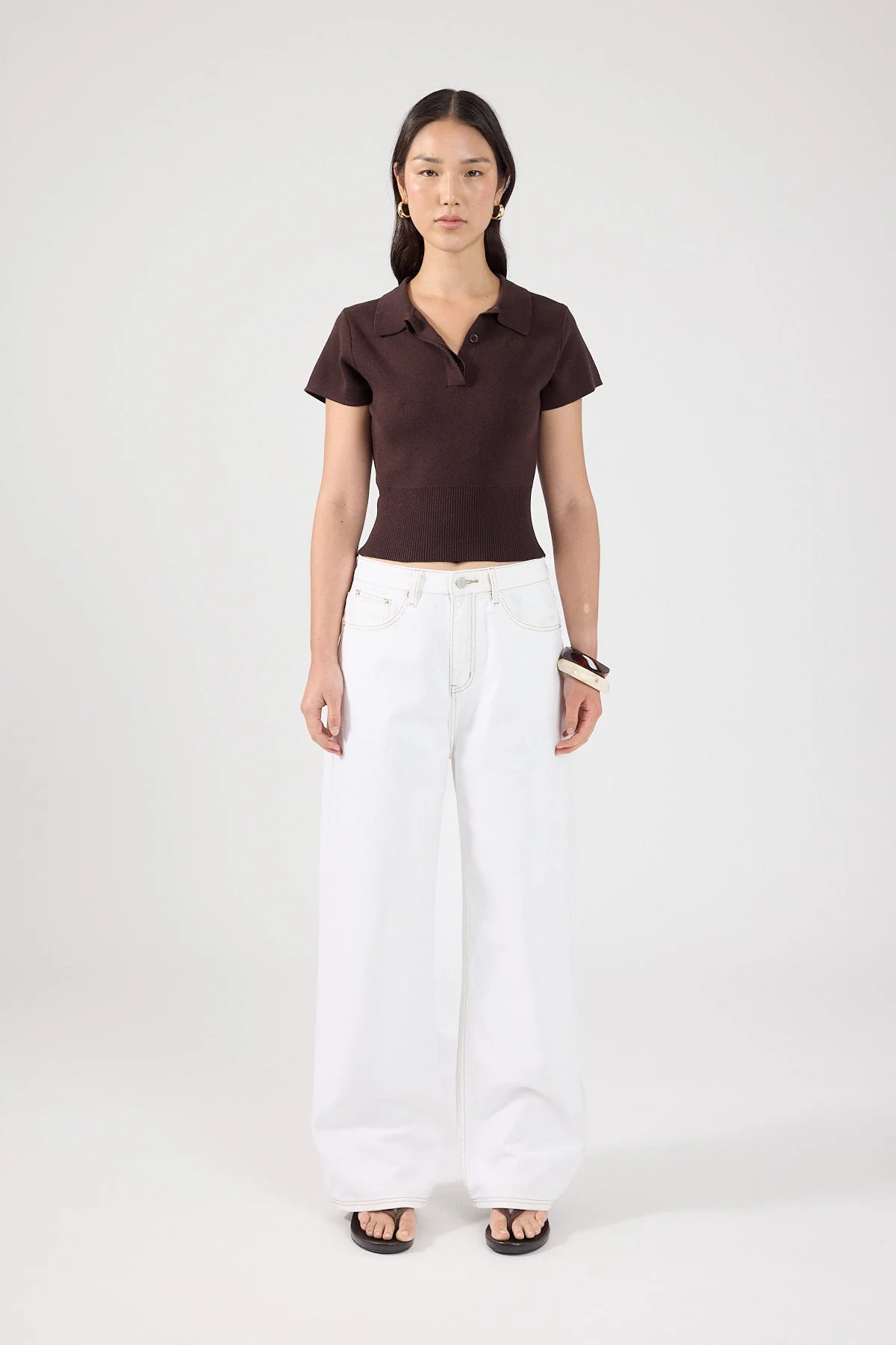 Knit Polo Top Brown