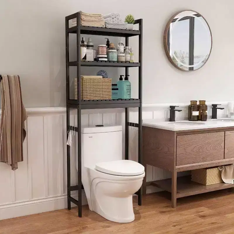 Over Toilet Storage Cabinet 3 Tier Shelf Stable Freestanding Black Bathroom Organizer with 3 Hooks 67 Inch H
