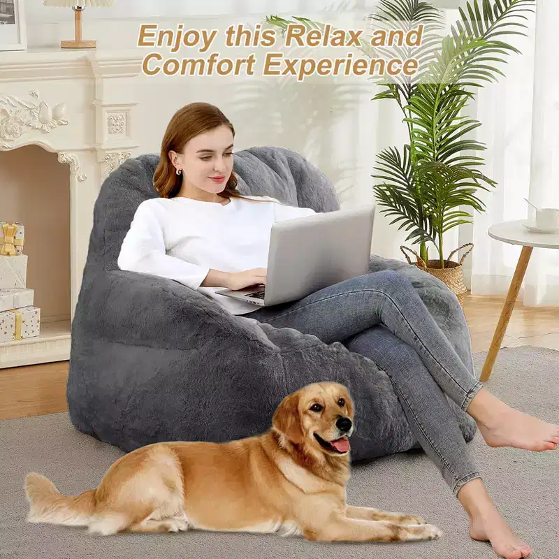 Plush Faux Fur Bean Bag Chair for Adults, Extra Large Filled Floor Sofa with Handle, Cozy Lounge Seat for Home