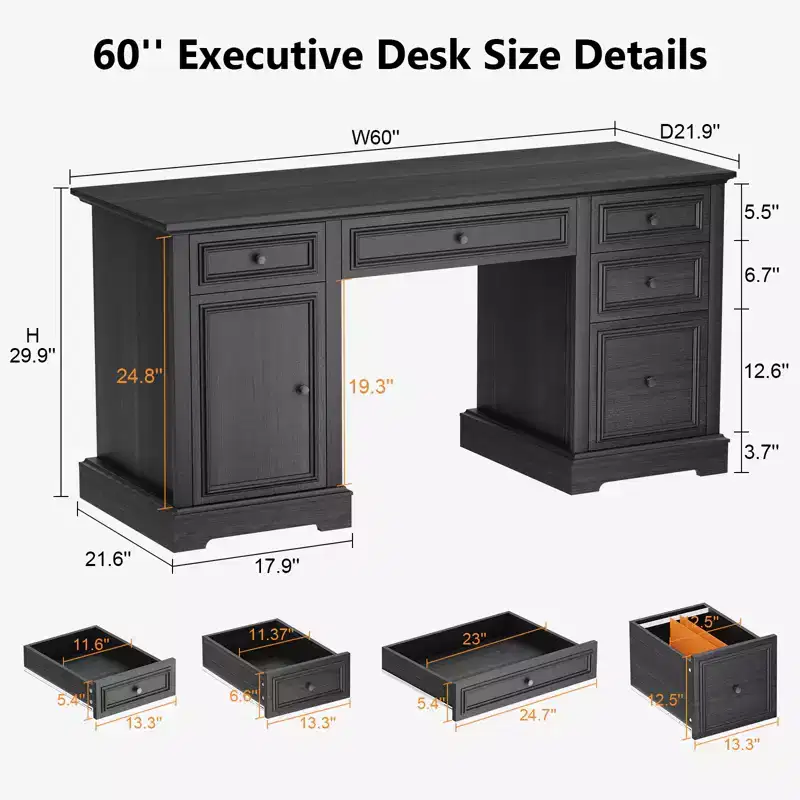 Dyonery 60 Rustic Executive Office Desk with Drawers and File Cabinet Embossed Texture Wood Home Office Desk,Workspace for Work Study Writing