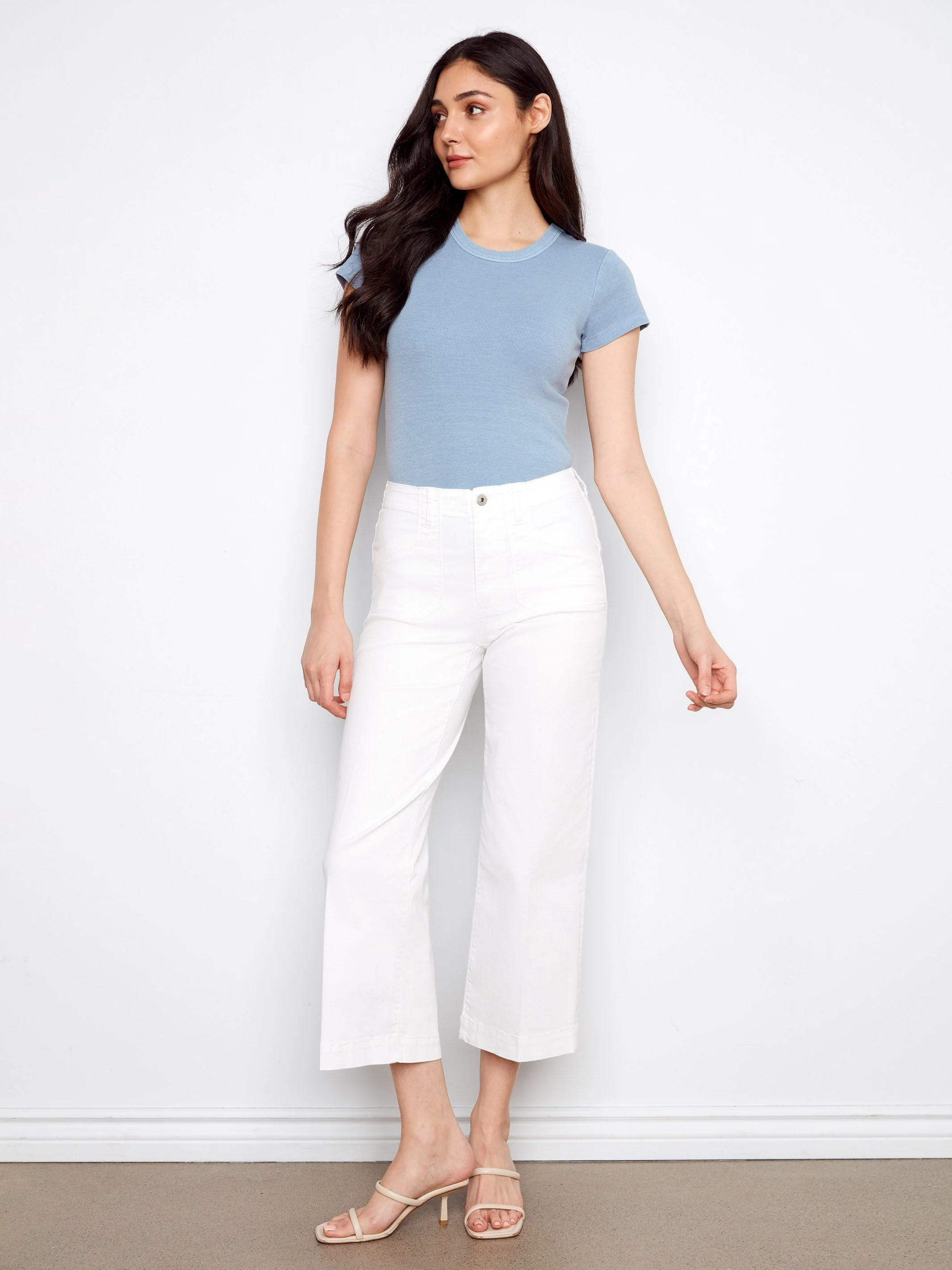 Cropped Wide Leg Stretch Twill Jeans - White