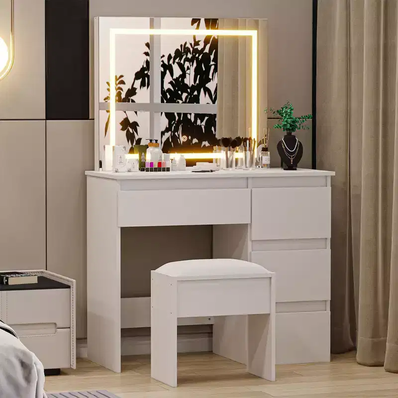 Acekool Makeup Vanity Desk with Lighted Mirror, Power Outlet, Stool, and 4 Drawers, Large Vanity Table for Bedroom or Dressing Room