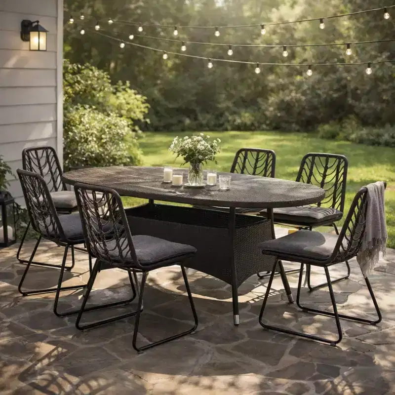 Christopher Knight Home Freya Modern 7 Piece Metal Patio Dining Set with Oval Table and PE Rattan Design