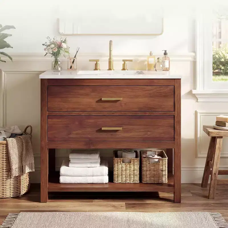 36 Farmhouse Bathroom Vanity with Sink  Freestanding Walnut Vanity Cabinet with 2 Drawers, Open Shelf & Handles, Easy Assembly