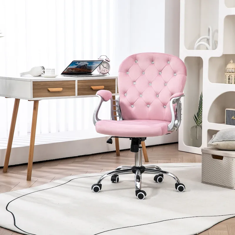 Vanity Middle Back Office Chair Tufted Backrest Swivel Rolling Wheels Task Chair with Height Adjustable Armrests