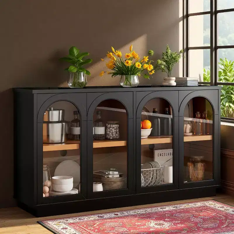 Polibi 4-Door Arched Glass Buffet Cabinet with Adjustable Shelves & Rebound Doors