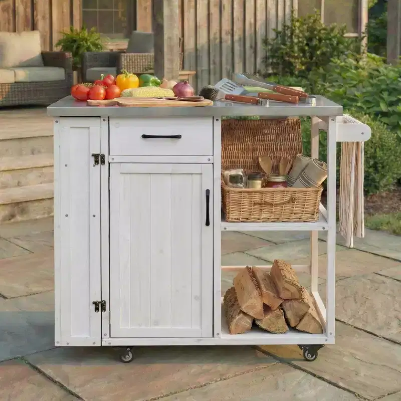 Outdoor Kitchen Island Cart with Stainless Steel Top, Fir Wood, Storage Cabinet, Drawer, Shelves, Lockable Wheels, White