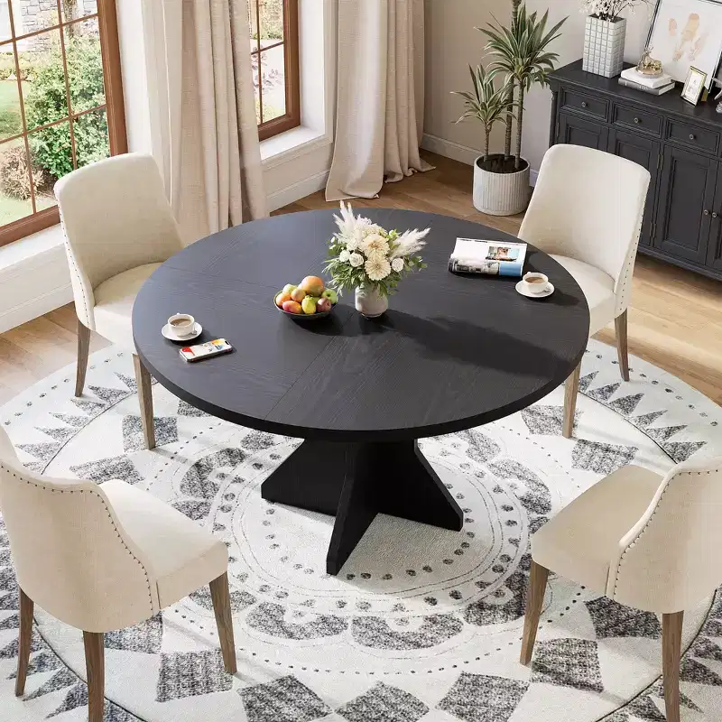 47 Round Dining Table for Small Spaces - Black, Seats 4-6, K-Leg Solid Wood Base