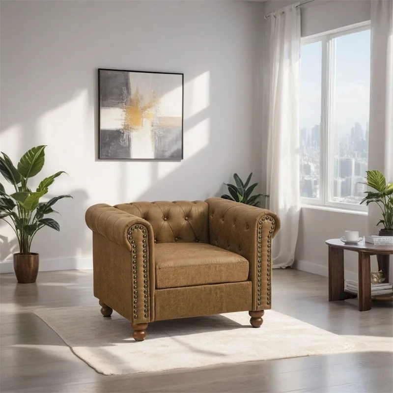 Brown Tufted Fabric Sofa, 3-Seater
