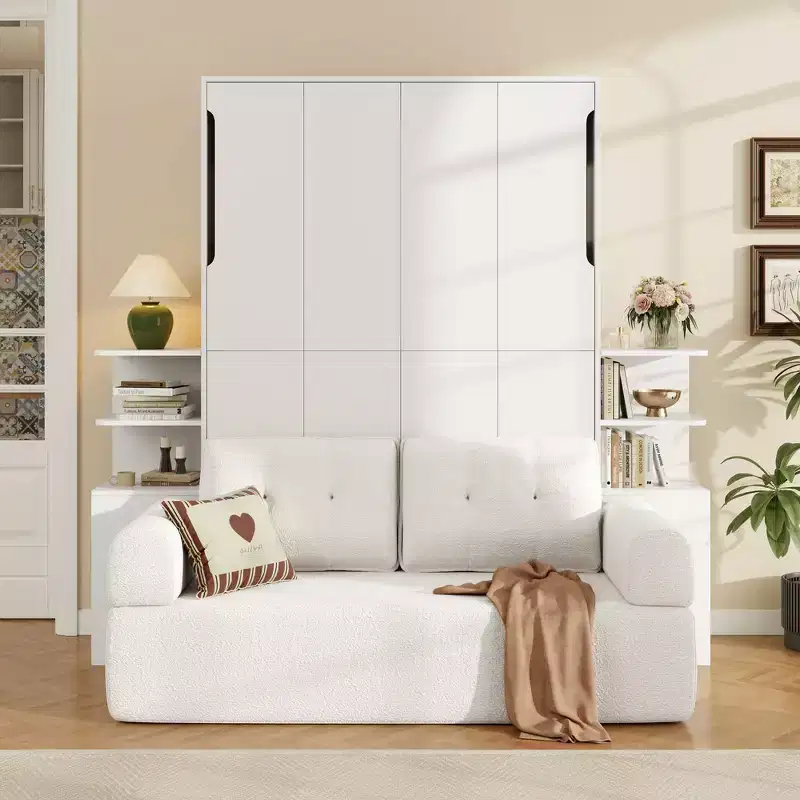 Whisen Queen Wall Murphy Bed Frame with Sofa and Storage Cabinets, Space-Saving Wall Bed