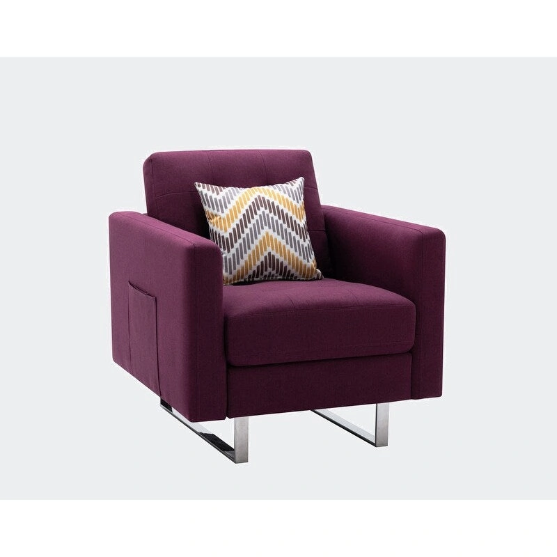 Linen Fabric Armchair with Metal Legs, Side Pockets, and Pillow