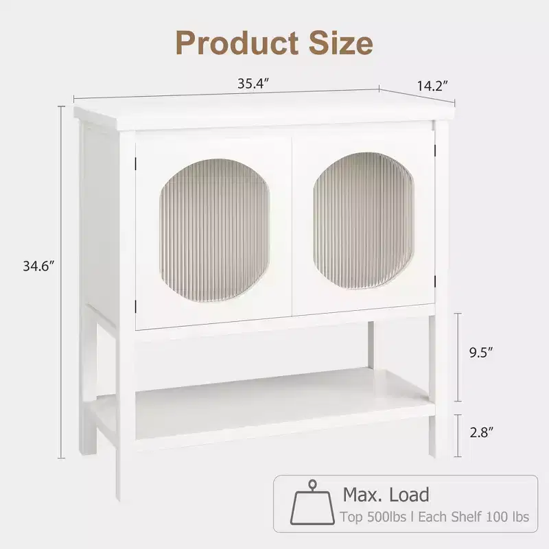 Modern Coffee Bar Cabinet with Storage Function, White Console Table with Fluted Glass Doors and Open Shelves, Buffet Sideboard for Entryway, Kitchen