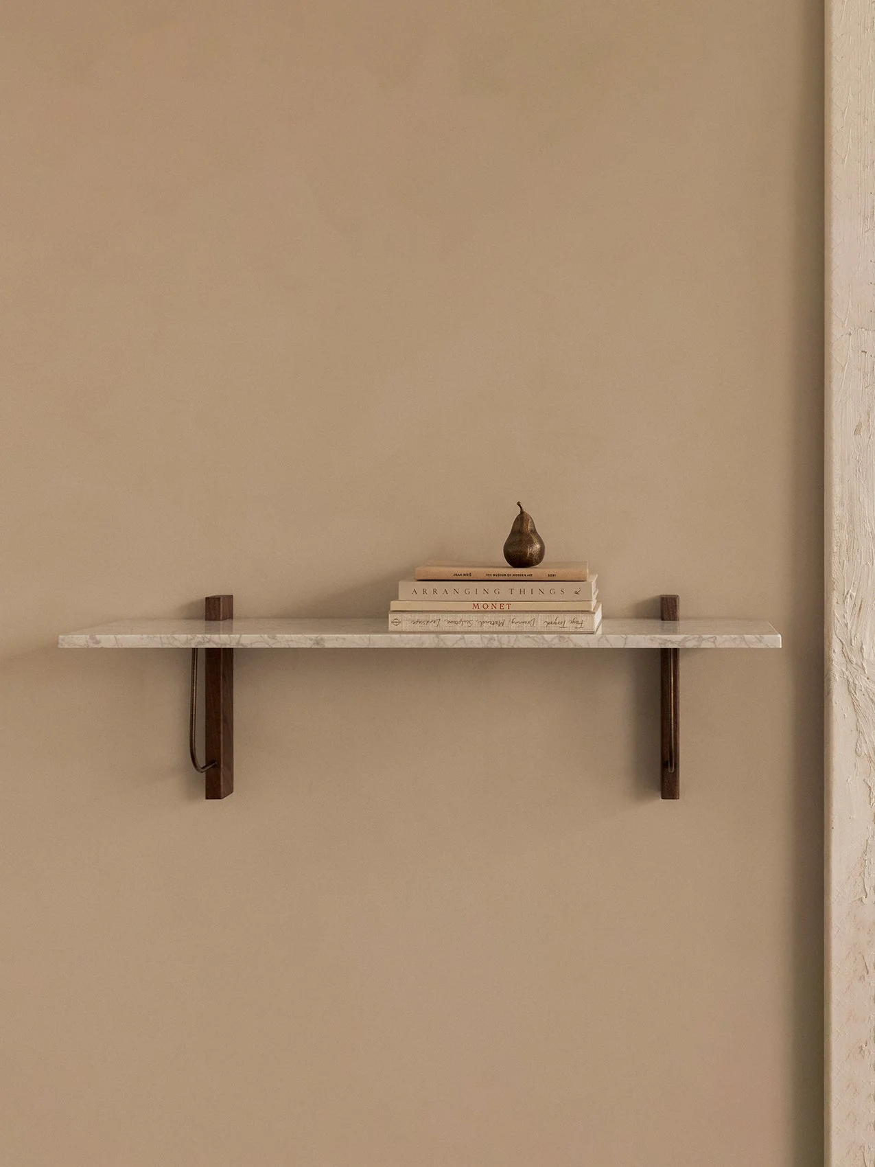 Modernist Marble & Dark Oak Wall Shelf Large with Architectural Bracket Design for Living Room & Home Office