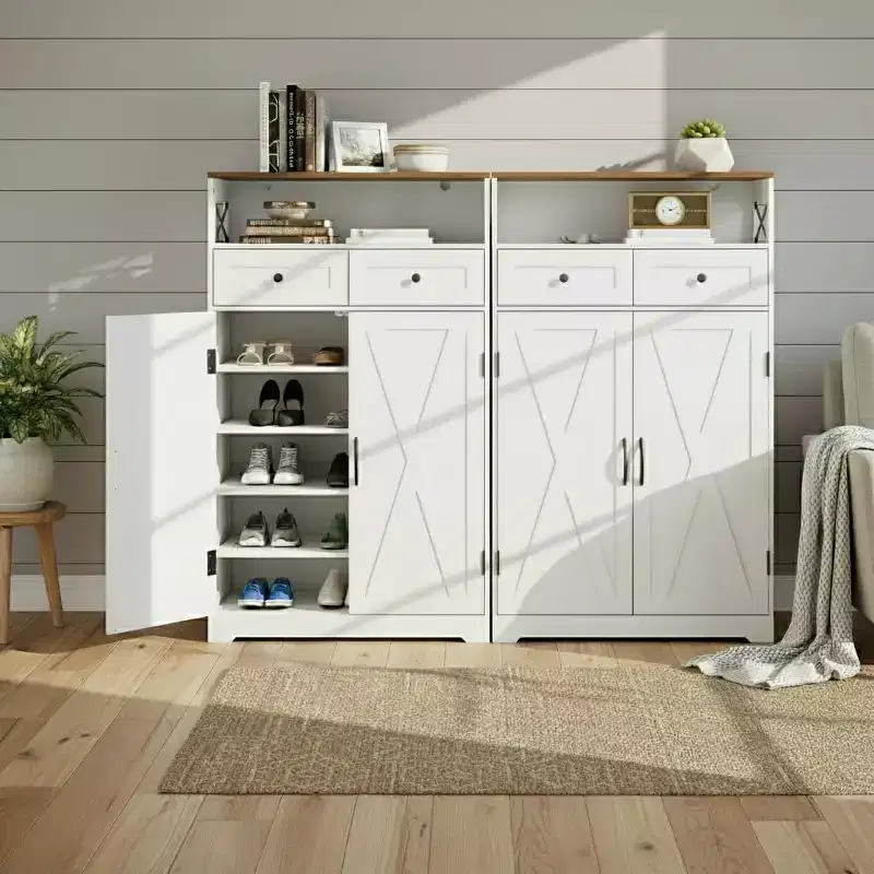 Shoe Cabinet, Shoe Storage Cabinet  Modern Farmhouse Narrow Design with Drawers & Adjustable Shelves, Freestanding Organizer for Entryway