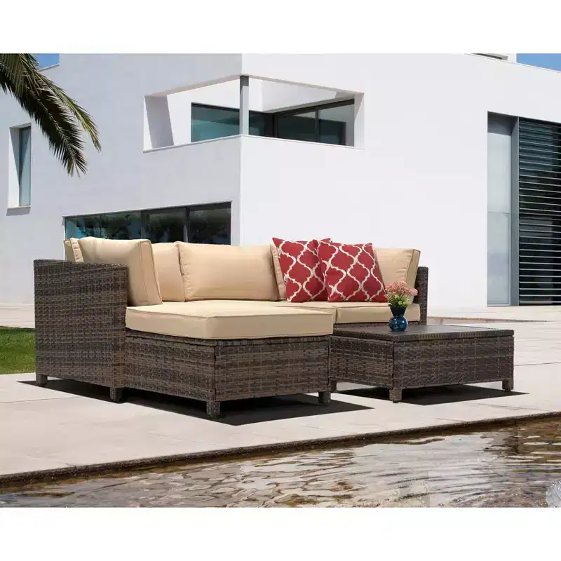 3 Piece Patio Conversation Patio Sets with Cushions and Coffee Table
