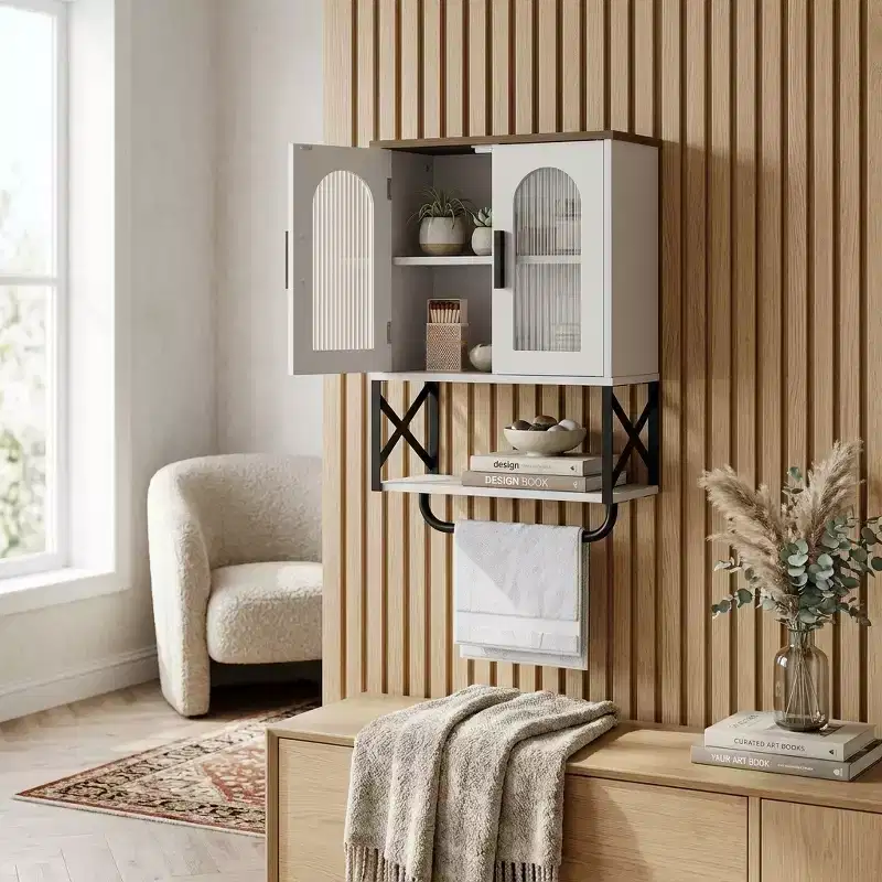 Bathroom Wall Cabinet with Adjustable Shelf, Towel Bar, 2 Glass Doors