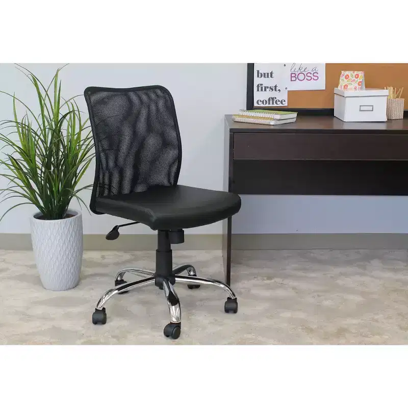 Armless Budget Mesh Task Chair Black - Boss Office Products: Pneumatic Lift, Chrome Base, Vinyl Seat