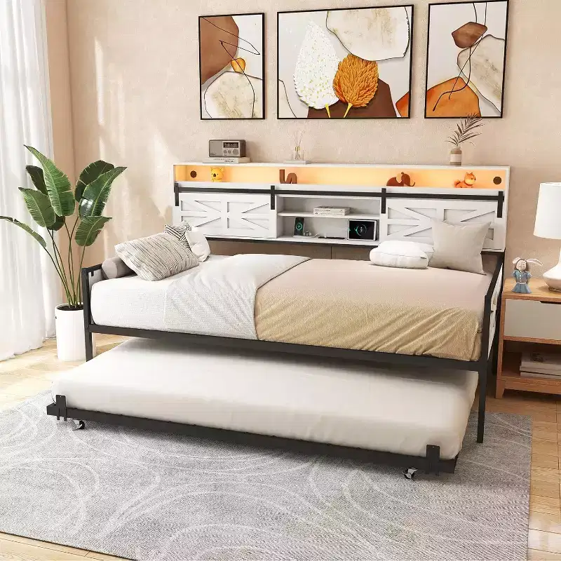 Zevemomo Farmhouse Twin Daybed Frame with Trundle, Sliding Barn Door Headboard, Charging Station & LED Light For Bedroom, White