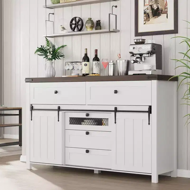 Farmhouse 5-Drawer Dresser with Sliding Barn Doors, Rustic TV Stand, White