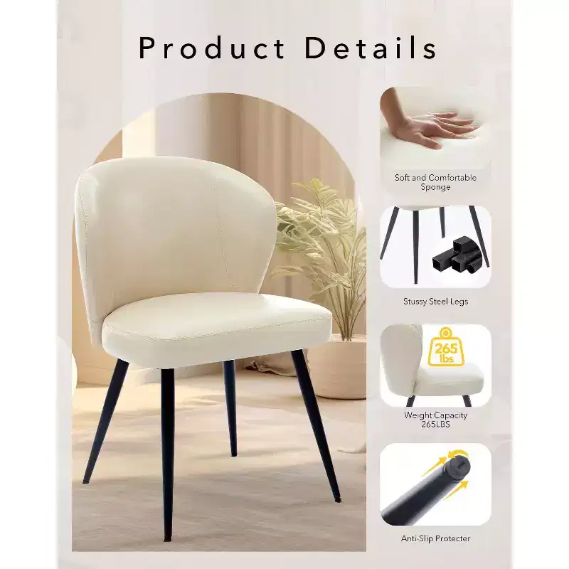 Dining Chairs Set of 2, Mid-Century Modern Kitchen Dining Room Chairs with Padded Back and Seat, Armless Faux Leather Upholstered Beige