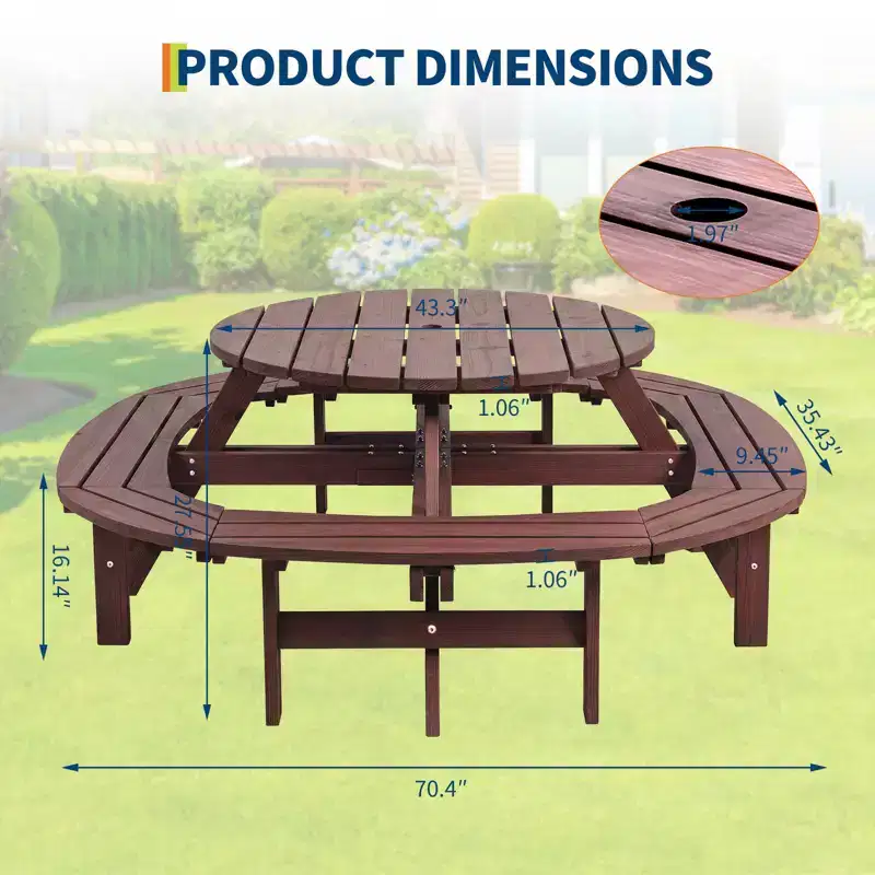 8 Person Wooden Picnic Table, Outdoor Round Camping Dining Table with Built-in Benches & Umbrella Hole, Outside Table Set for Garden Backyard Patio