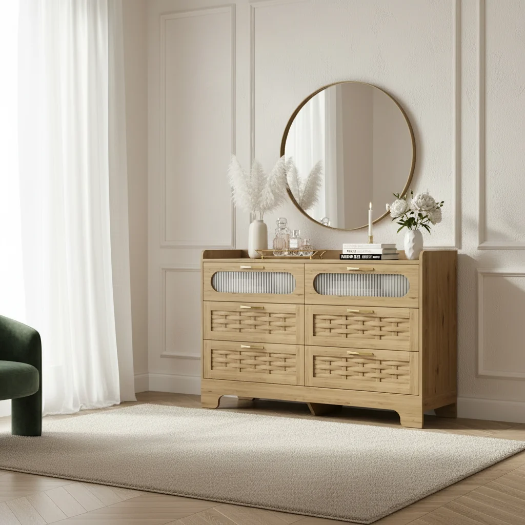 Dresser For Bedroom With 6 Drawers, Double Dresser With Charging Station, Rattan Chest Of Drawers, Tall Dresser With Drawers