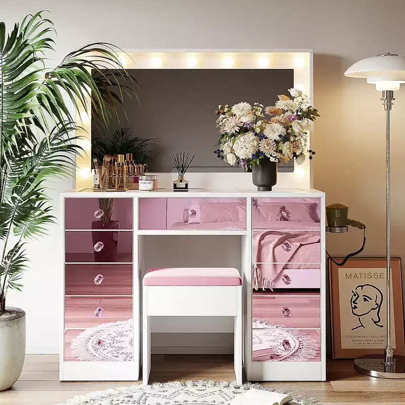 Makeup Vanity Desk with Glass Top, 6 Pink Finish Drawers & Shelves, Stool Included