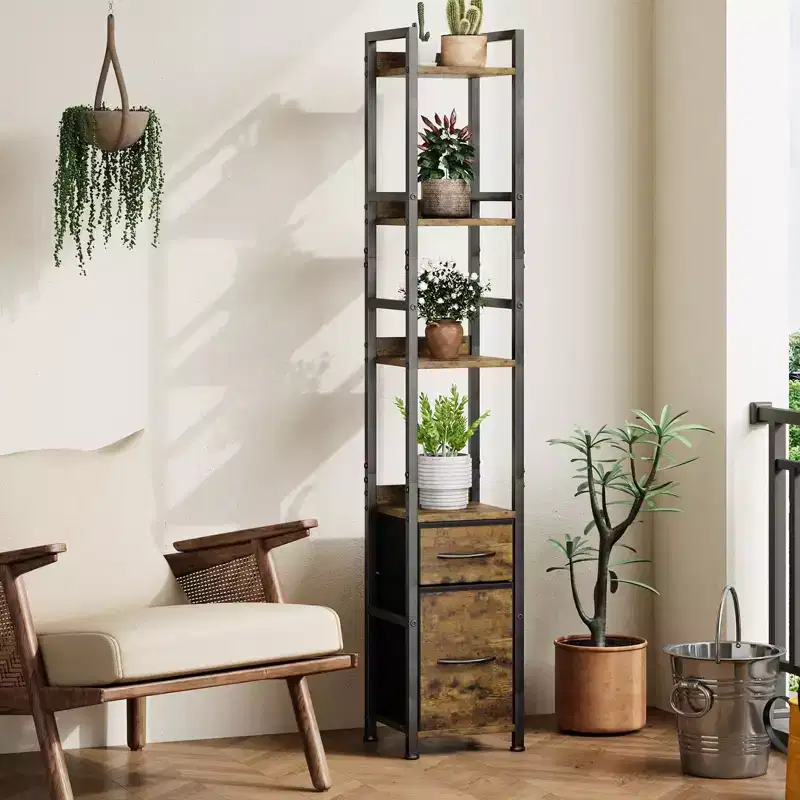 6 Tier Industrial Bookshelf, Tall Narrow Bookcase with 2 Fabric Drawers, Metal Frame Book Shelf, Freestanding Display Shelf Storage Organizer