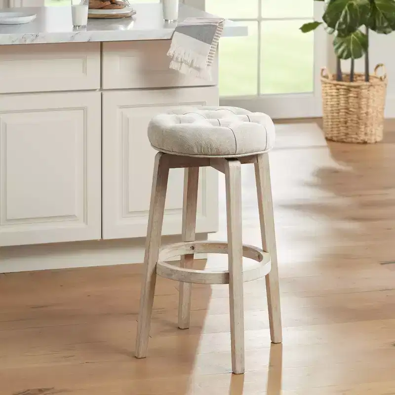 55 Downing Street Shelby White Wood Swivel Bar Stool 29 High Farmhouse Rustic Oatmeal Upholstered Cushion with Footrest for Kitchen Counter Height