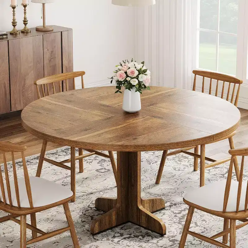 47 Round Dining Table for 4, Farmhouse Kitchen Table with Wood Tabletop and Stable Base, for Home Dining Room Living Room, Brown (Only Table)