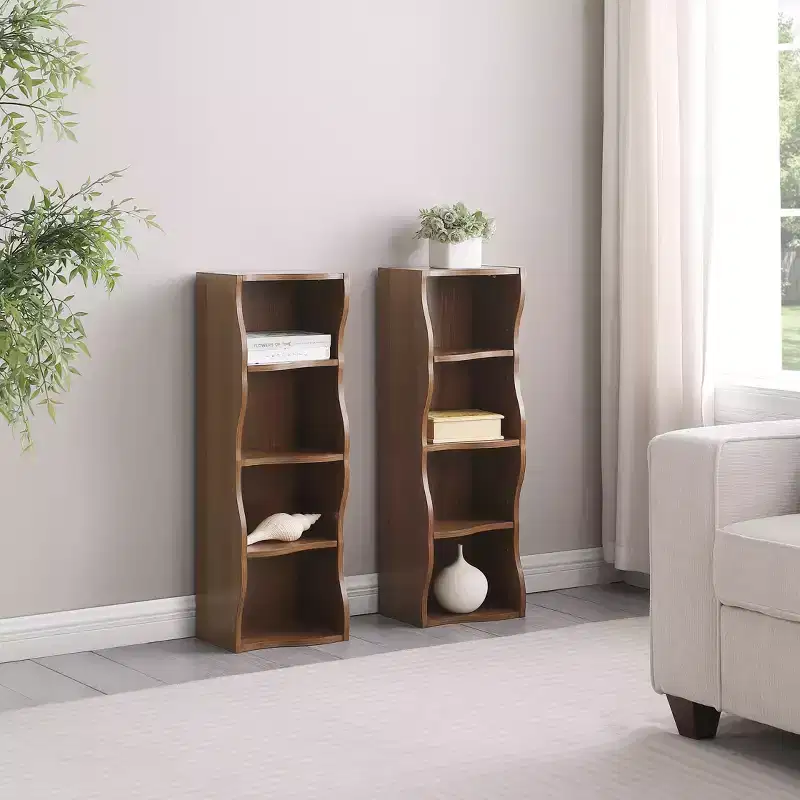 Tier Ultra-Thin Adjustable Bookshelf, Walnut MDF Display Rack w/ Wavy Border (Detachable Home Office Organizer)