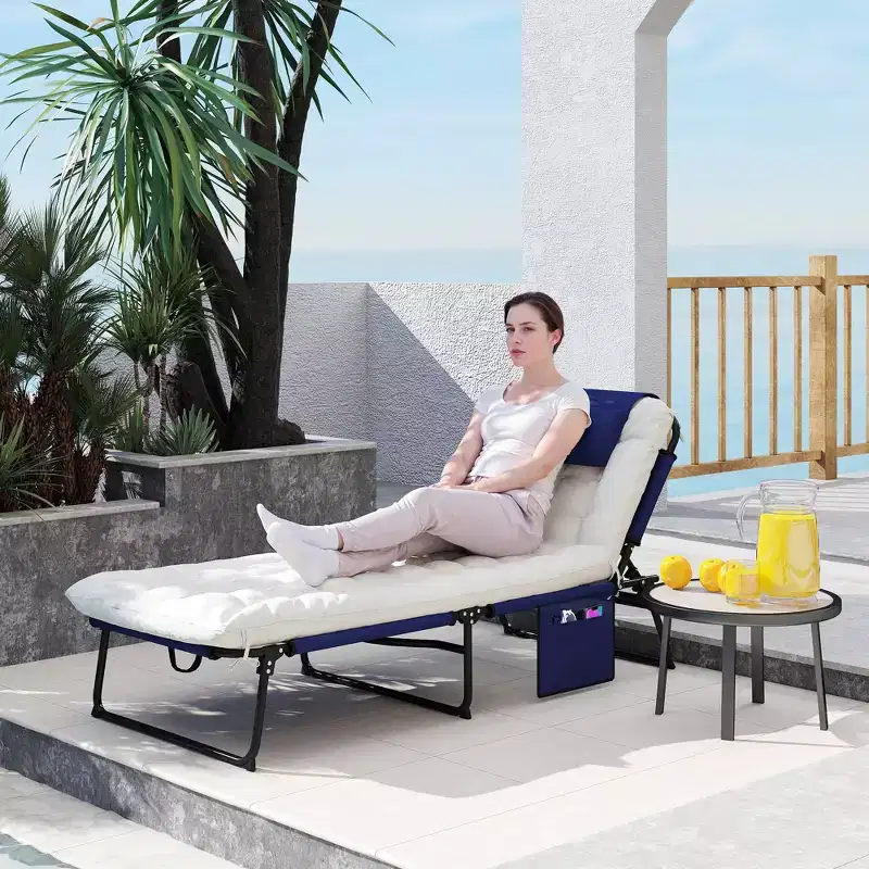 Folding Chaise Lounge Pool Chair with 4-level Reclining Back, Cushion, Side Pocket, Headrest