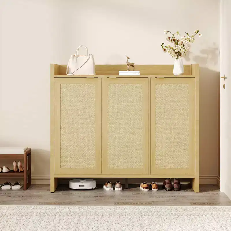 Shoe Storage Cabinet, Rattan Shoe Cabinet Storage for Entryway, 41 Tall Large Shoe Cabinet, Boho Cabinet w/Doors for Living Room Hallway