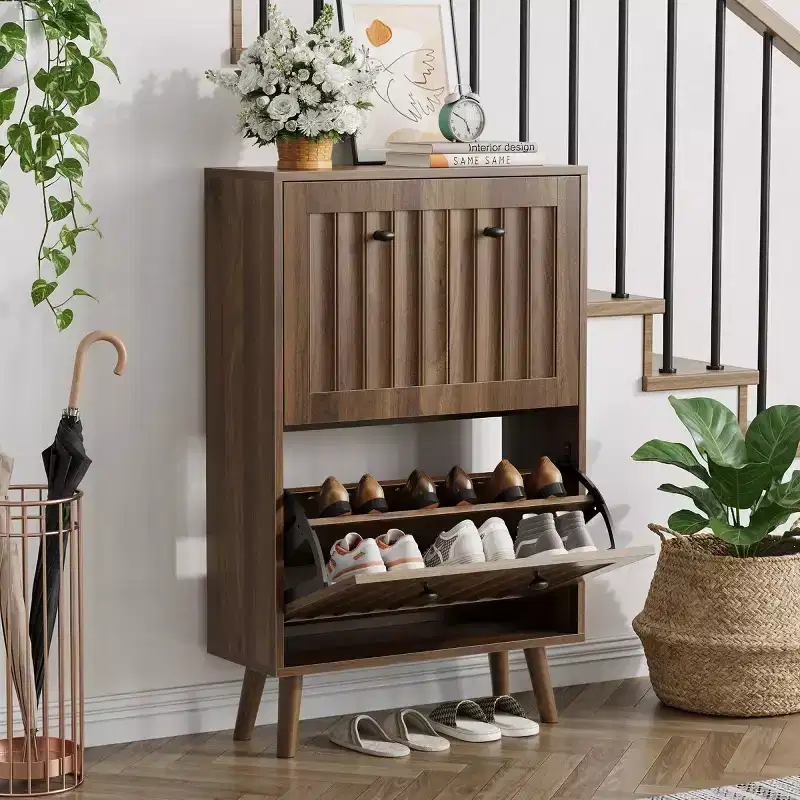Modern Entryway Shoe Cabinet with Doors, Walnut Shoe Storage Cabinet, Small Shoe Racks for Hallway, Closet & Small Spaces-Panipeachy