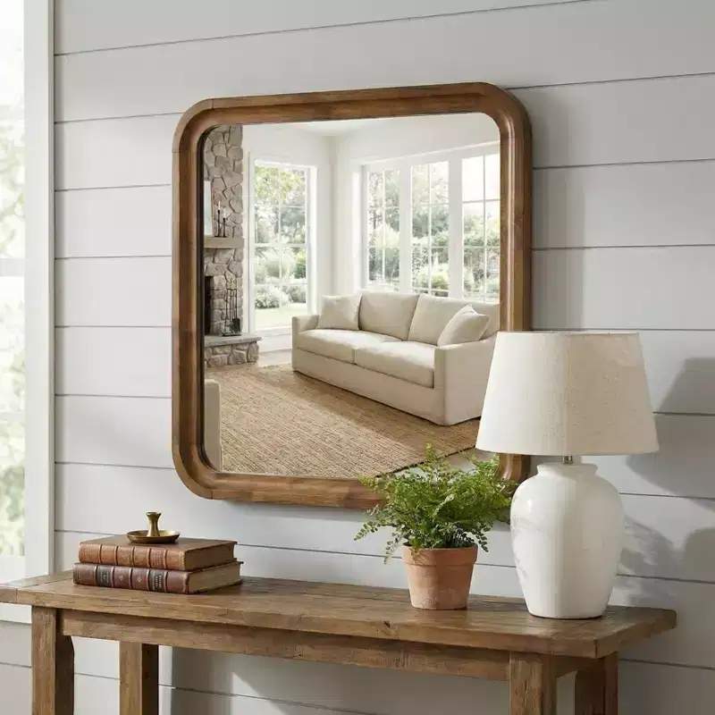 Wood Frame Square Wall Mirror, Walnut Finish, 31.5 x 31.5 Inch, Bedroom Decor