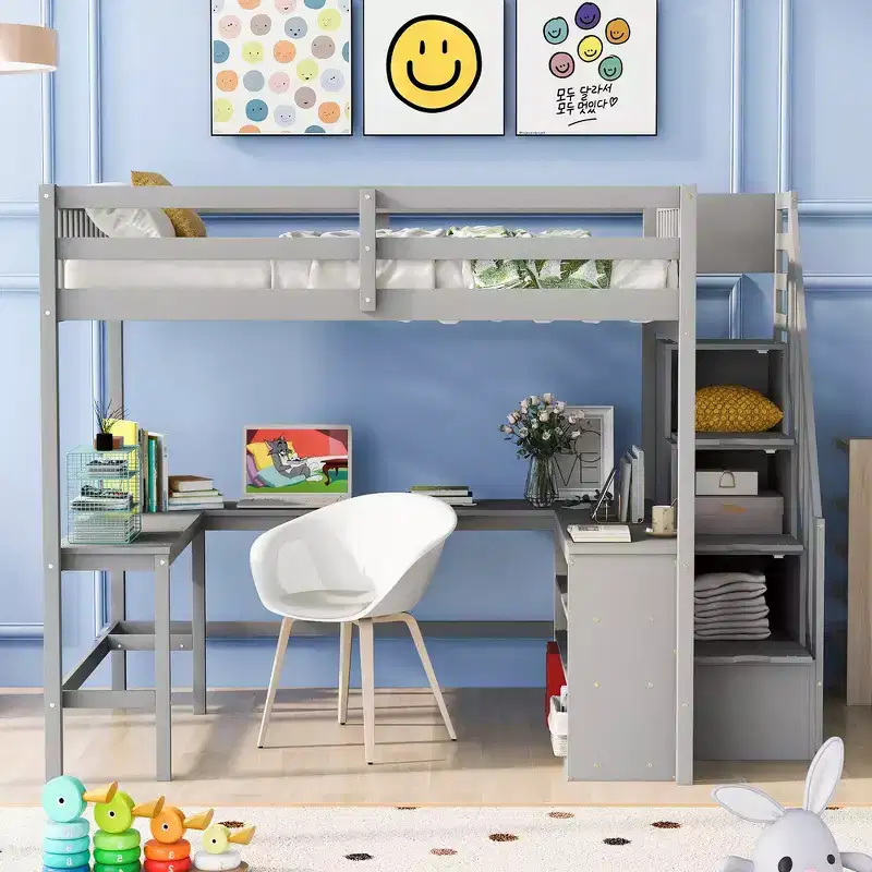 Whisen Full Size Loft Bed with Desk and Three-Tier Storage Shelves,and Storage Staircase