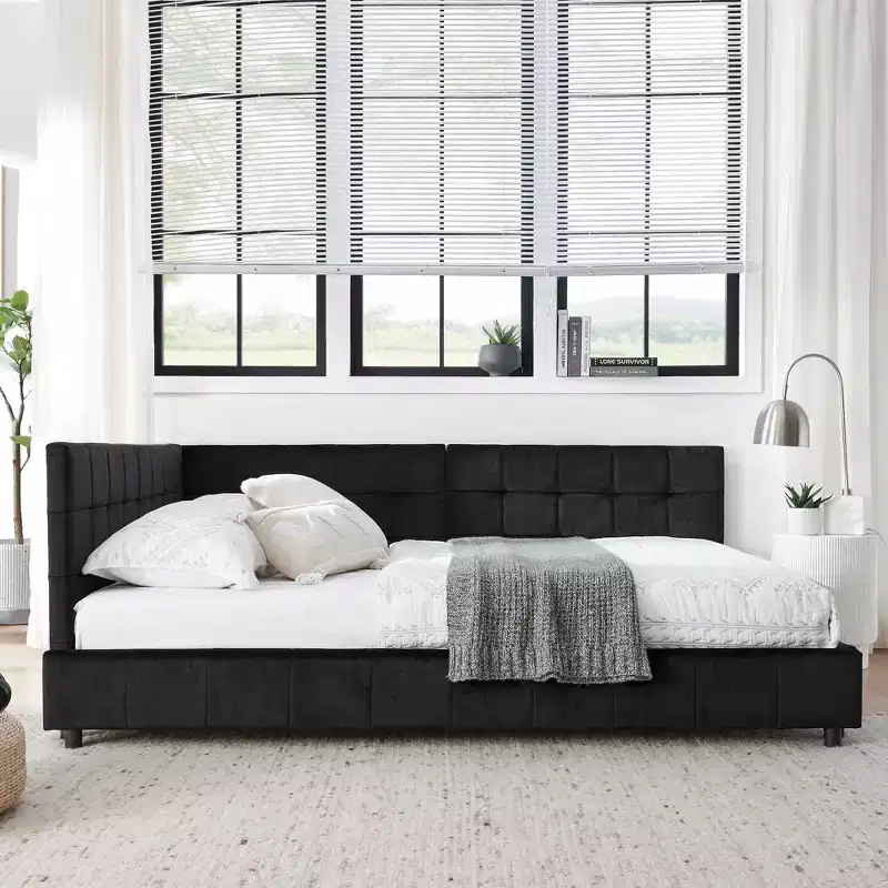 MAYEERTY Full Size Upholstered Tufted Bed Frame with Comfirtable Backrest and Armrests for Bedroom Living Room Black