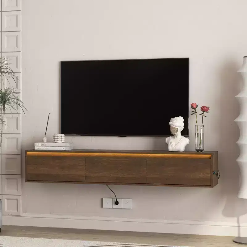 JVNOXK 64-inch Wooden Wall-Mounted Floating TV Stand with LED Lighting and Power Outlet, High-Gloss Finish, Ideal for Living Rooms. Wood-Tone